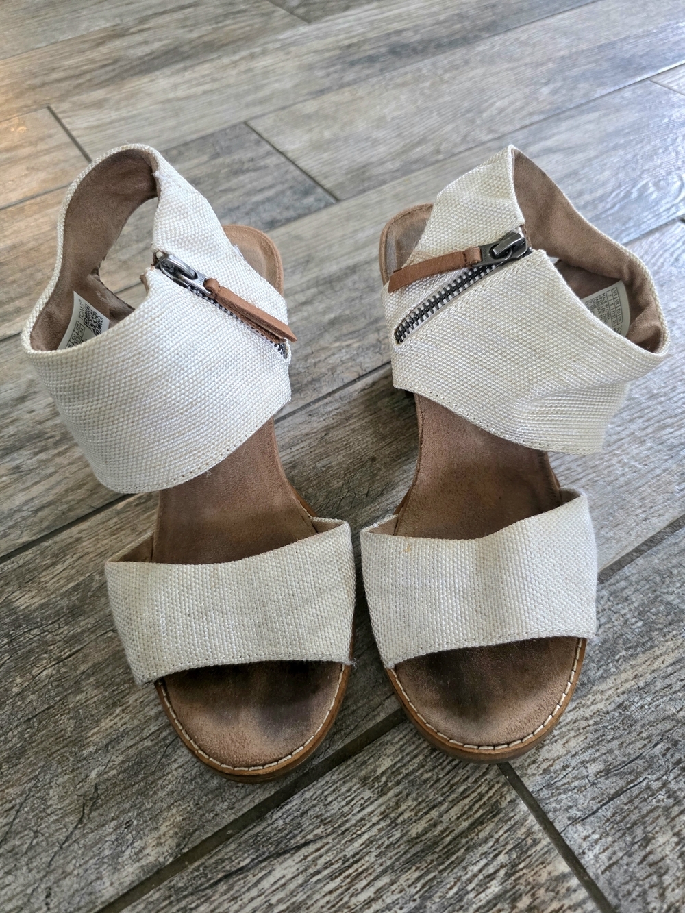 Toms Majorca Cut Out Women's Cream Linen Zip-Strap Sandals Heels Sz 7